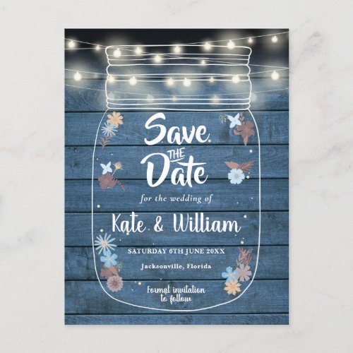 Blue Rustic Mason Jar String Lights Save the Date Invitation Postcard