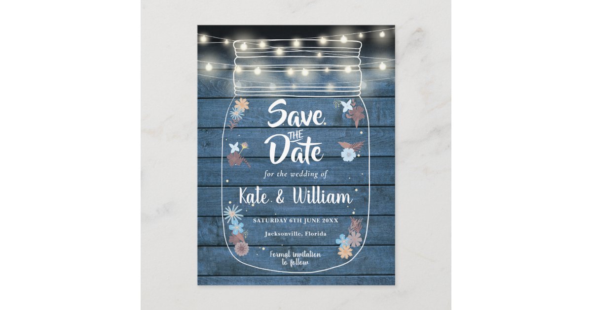 Blue Rustic Mason Jar String Lights Save the Date Invitation Postcard ...