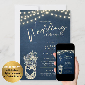 Blue Rustic Mason Jar Wedding Digital Print Invitation by invitationz at Zazzle