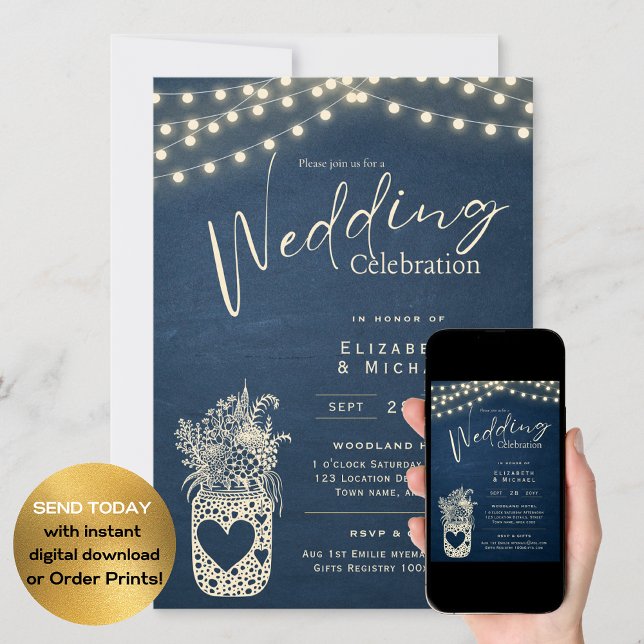 Blue Rustic Mason Jar Wedding DIGITAL Print Invitation (Creator Uploaded)