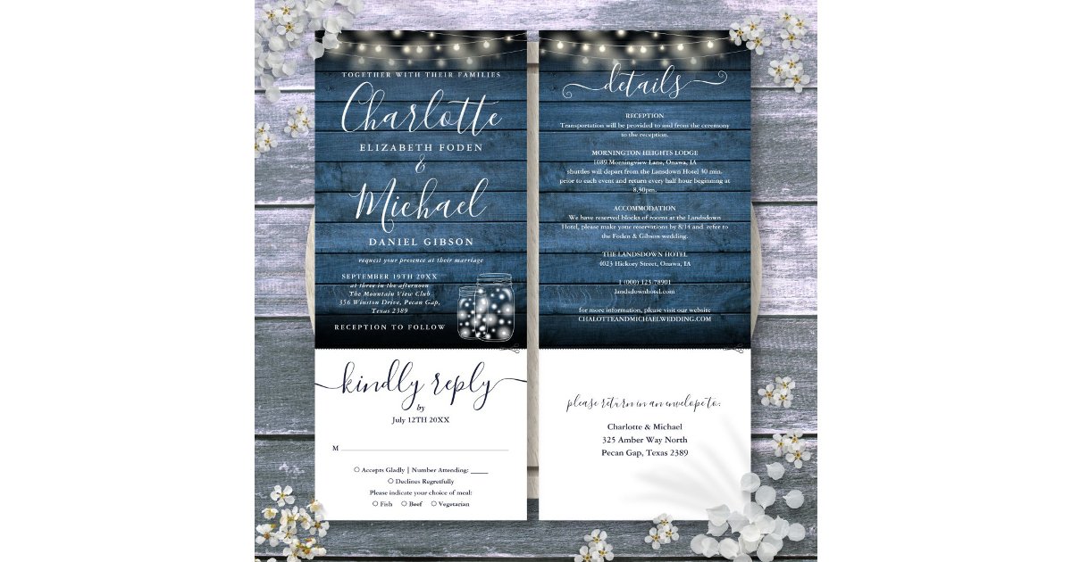 Blue Rustic Mason Jars Lights All In One Wedding Invitation | Zazzle