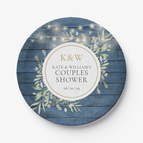 Blue Rustic Monogram Greenery Couples Shower Paper Plates
