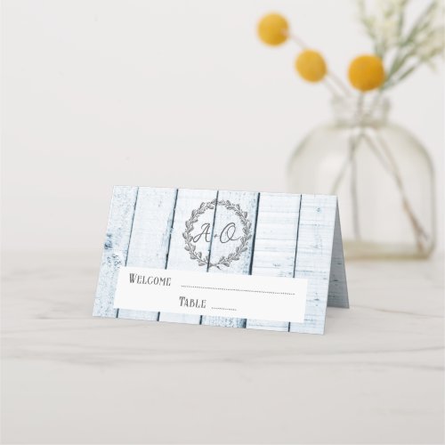 Blue Rustic Monogram Reception Place Card