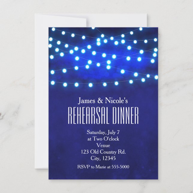 Blue Rustic Night String Lights Rehearsal Dinner Invitation (Front)