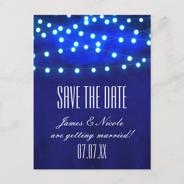 Blue Rustic Night String Lights Save Date Postcard (Front)
