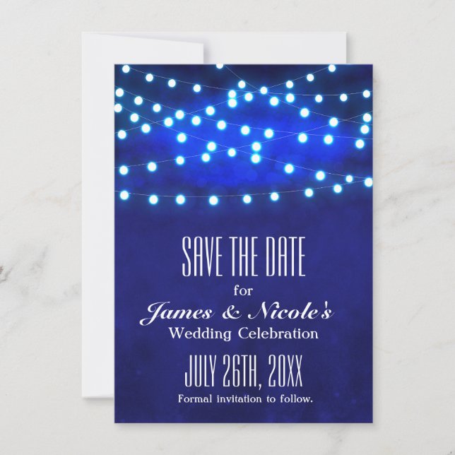 Blue Rustic Night String Lights Save The Date Card (Front)