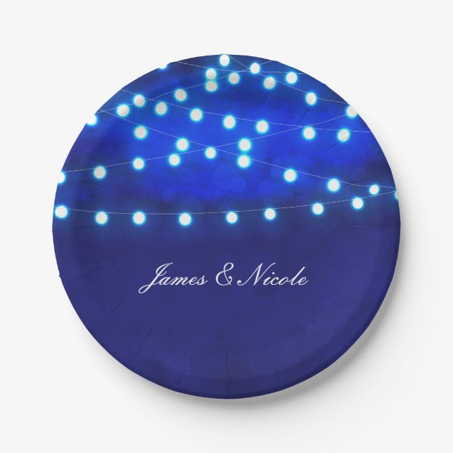 Blue Rustic Night String Lights Wedding Plates (Front)