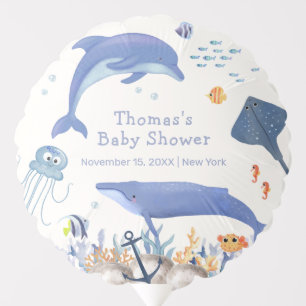 Blue Rustic Ocean Dolphin Whale Boy Baby Shower Balloon