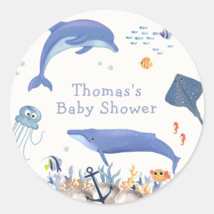 Blue Rustic Ocean Dolphin Whale Boy Baby Shower Classic Round Sticker