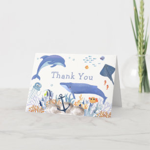 Blue Rustic Ocean Dolphin Whale Boy Baby Shower Letterpress Thank You Card