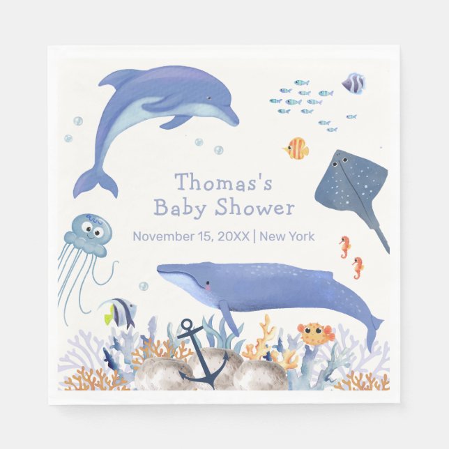 Blue Rustic Ocean Dolphin Whale Boy Baby Shower  Napkins (Front)