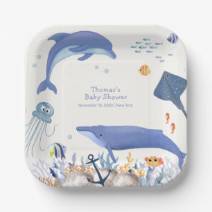Blue Rustic Ocean Dolphin Whale Boy Baby Shower Paper Plates