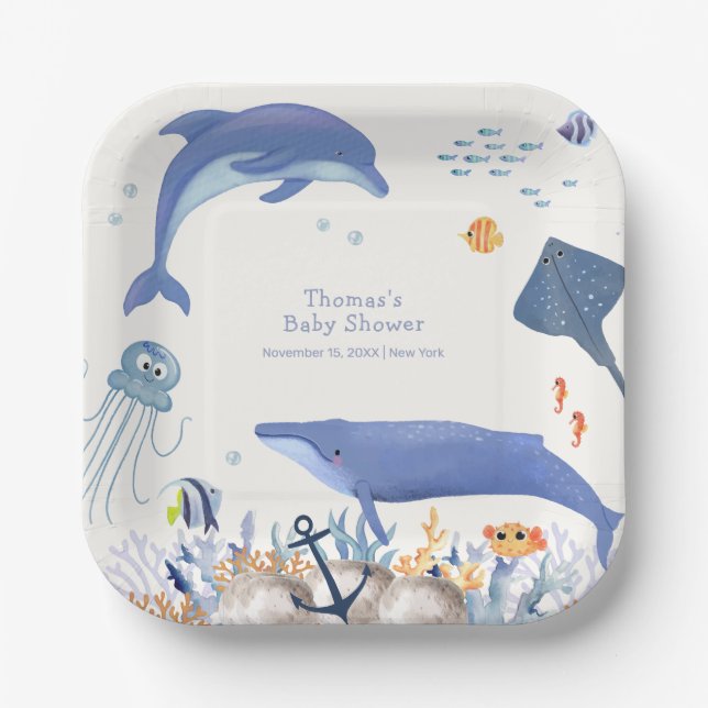 Blue Rustic Ocean Dolphin Whale Boy Baby Shower  Paper Plates (Front)