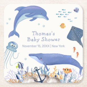 Blue Rustic Ocean Dolphin Whale Boy Baby Shower Square Paper Coaster
