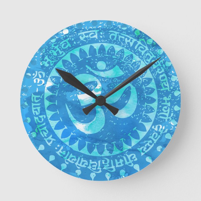 Blue rustic Om Round Clock (Front)