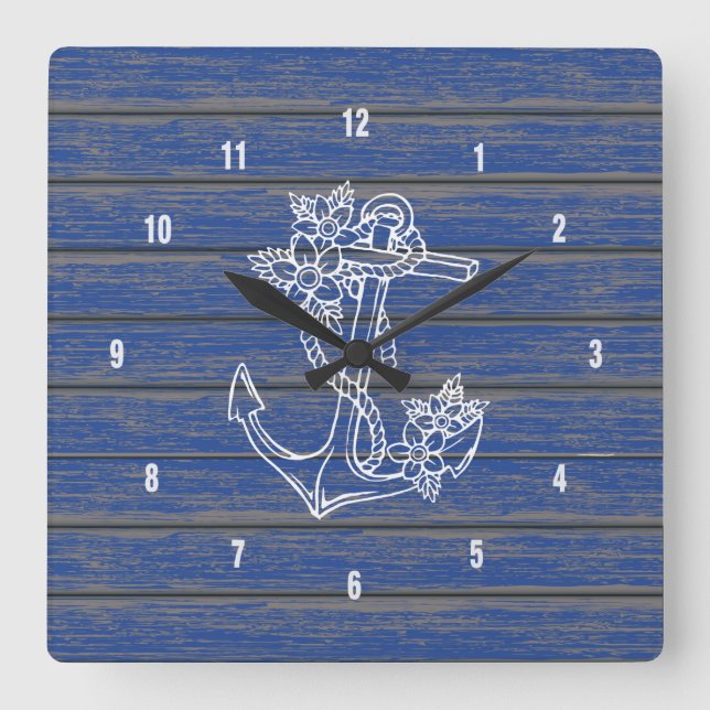 Blue Rustic Painted Wood White Nautical Anchor Square Wall Clock (Front)