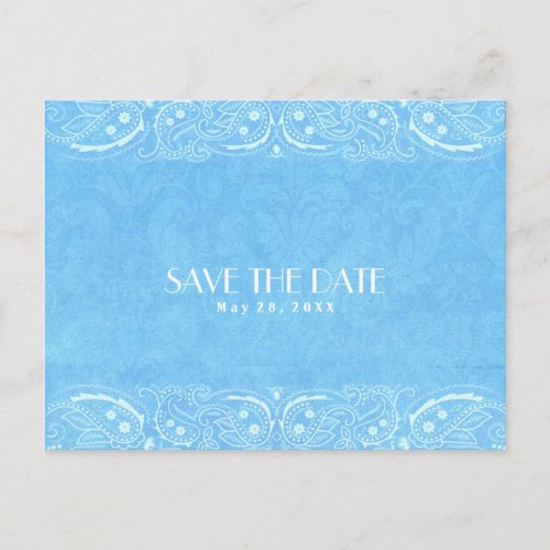 Blue Rustic Paisley Country Western Save The Date Announcement Postcard