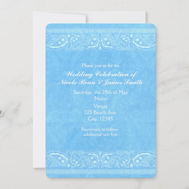 Blue Rustic Paisley Country Western Wedding Invitation (Front)