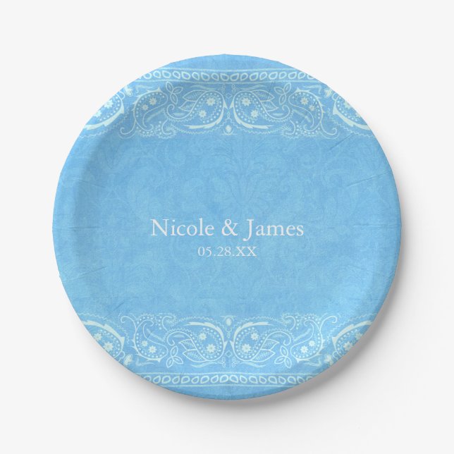 Blue Rustic Paisley Country Western Wedding Paper Plates (Front)