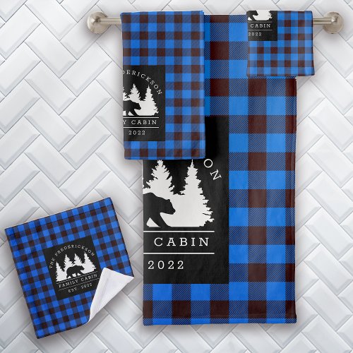 Blue Rustic Plaid Bear Woods Family Cabin Bath Towel Set