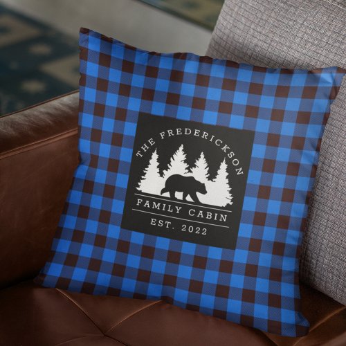 Blue Rustic Plaid Bear Woods Family Cabin Throw Pillow
