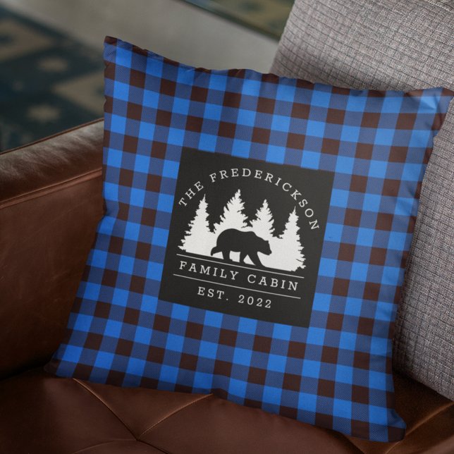 Blue Rustic Plaid Bear Woods Family Cabin Throw Pillow (Creator Uploaded)