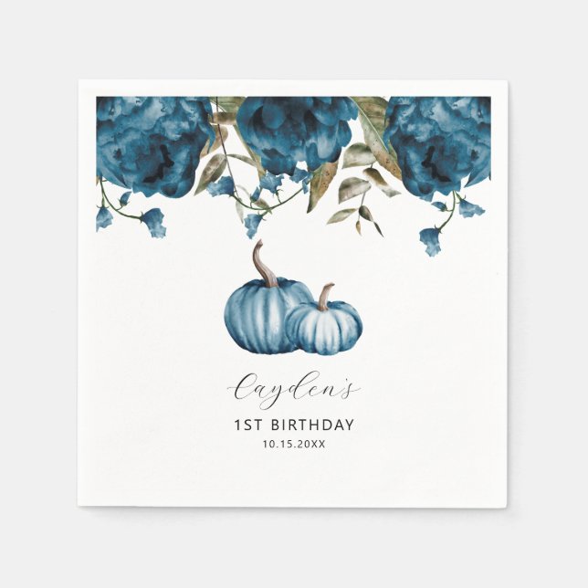 Blue Rustic Pumpkin Fall Birthday Party Napkins (Front)