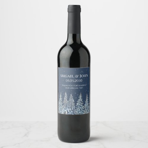 Blue Rustic Snowy Night Forest Wedding Wine Label