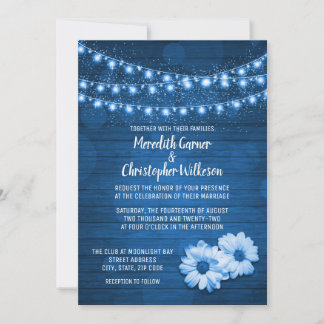 Blue Rustic String Lights Daisy Wedding Invitation