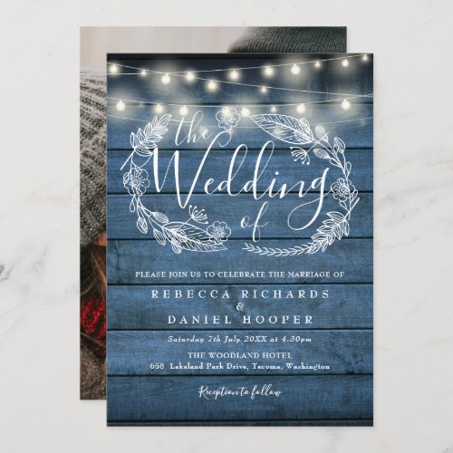 Blue Rustic String Lights Floral Photo Wedding Invitation