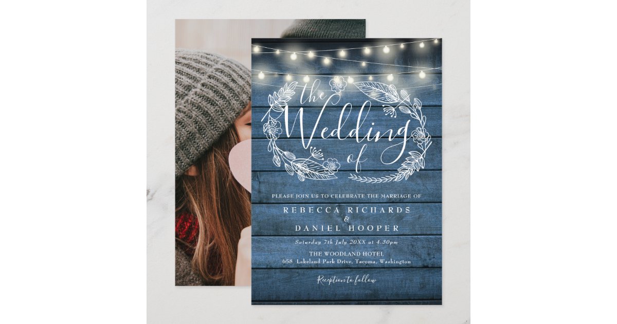 Blue Rustic String Lights Floral Photo Wedding Invitation | Zazzle