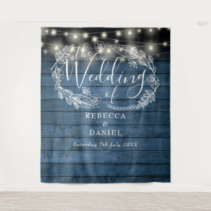 Blue Rustic String Lights Floral Wedding Backdrop