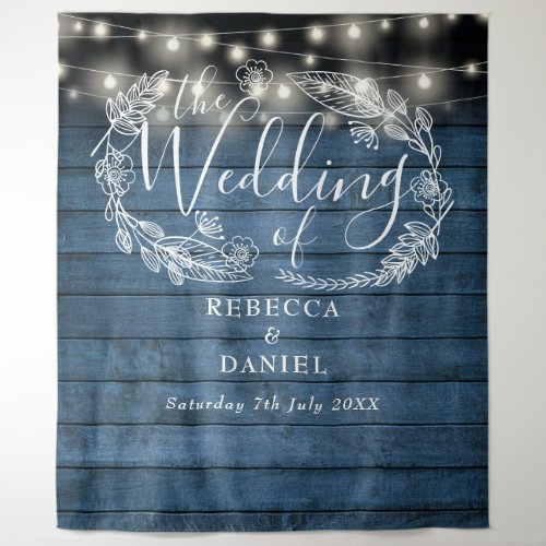 Blue Rustic String Lights Floral Wedding Backdrop