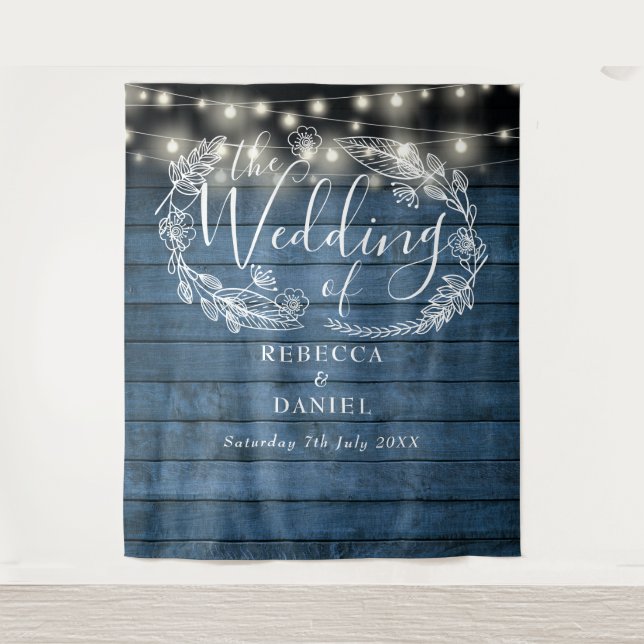 Blue Rustic String Lights Floral Wedding Backdrop (Front)