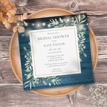 Blue Rustic String Lights Greenery Bridal Shower Invitation by thisisnotmedesigns at Zazzle
