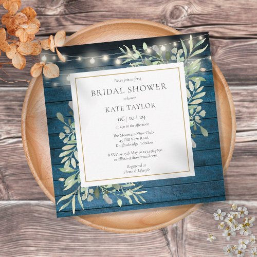 Blue Rustic String Lights Greenery Bridal Shower Invitation