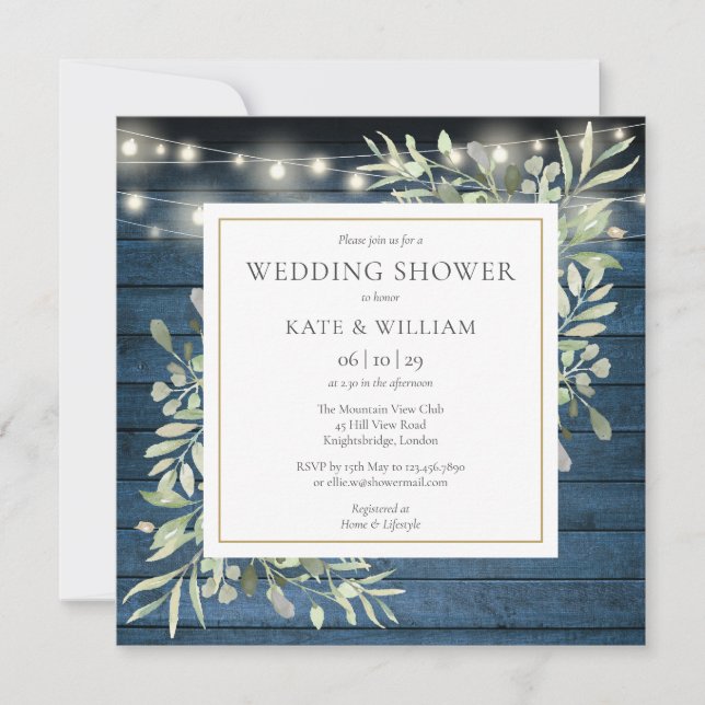 Blue Rustic String Lights Greenery Wedding Shower Invitation (Front)