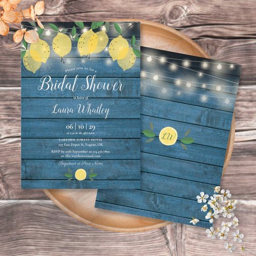 Blue Rustic String Lights Lemons Bridal Shower Invitation