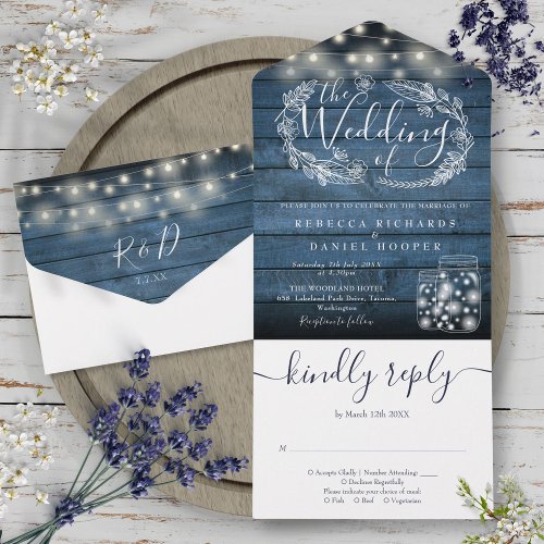 Blue Rustic String Lights Mason Jar Floral Wedding All In One Invitation