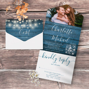 Blue Rustic String Lights Mason Jars Photo Wedding All In One Invitation