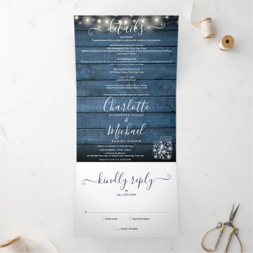 Blue Rustic String Lights Mason Jars Photo Wedding Tri_Fold Invitation