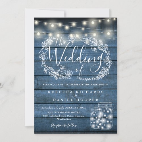 Blue Rustic String Lights Mason Jars Wedding Invitation
