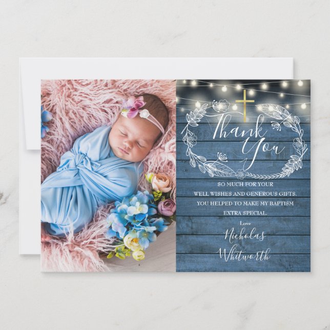 Blue Rustic String Lights Photo Baptism  Thank You Card (Front)