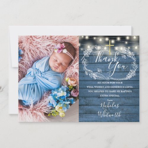 Blue Rustic String Lights Photo Baptism  Thank You Card