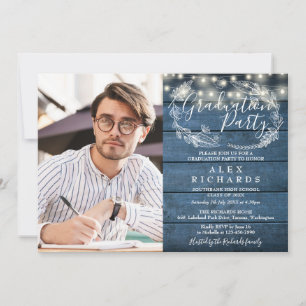 Blue Rustic String Lights Photo Graduation Party Invitation
