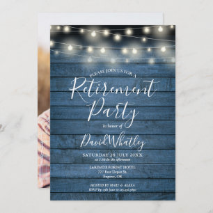 Blue Rustic String Lights Photo Retirement Party Invitation