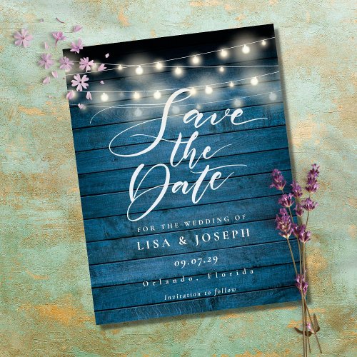 Blue Rustic String Lights Save the Date Photo Post Postcard