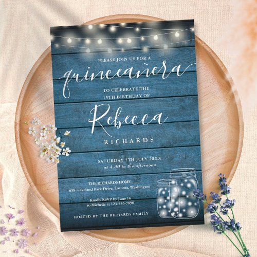 Blue Rustic String Lights Script Quinceaera 15th Invitation