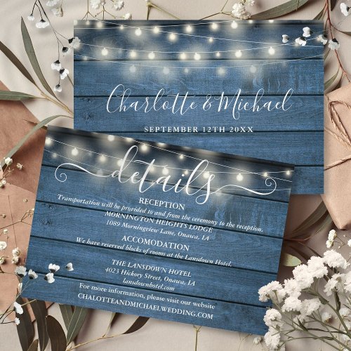 Blue Rustic String Lights Script Wedding Details Enclosure Card