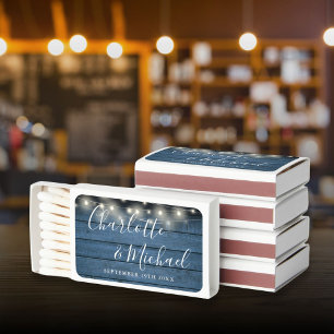 Blue Rustic String Lights Script Wedding Favors Matchboxes